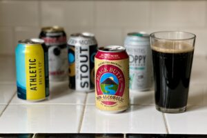 nonalcoholic beers on a counter