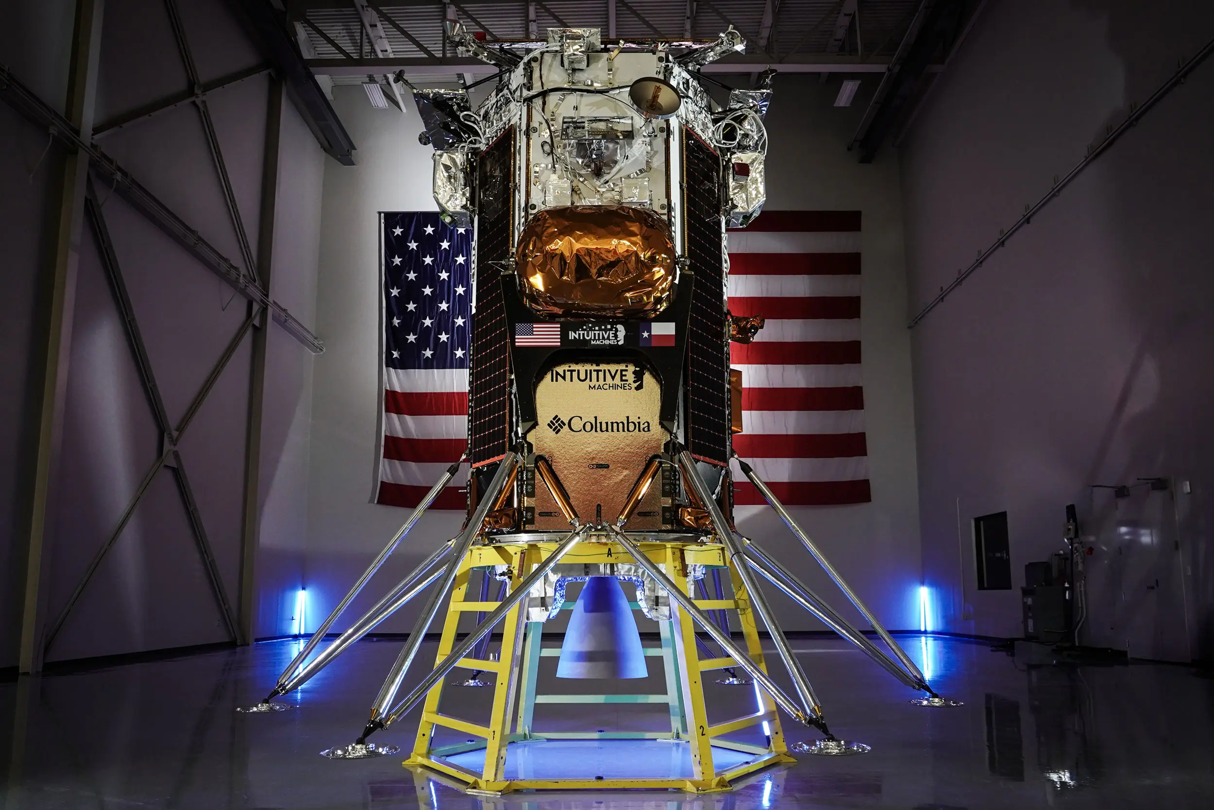 nova-c lunar lander with columbia logo and american flag