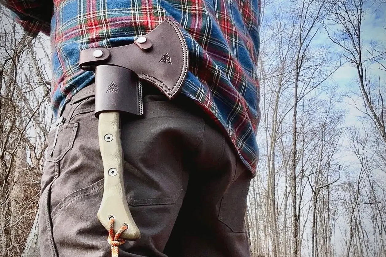 Hatchet worn on belt with work pants