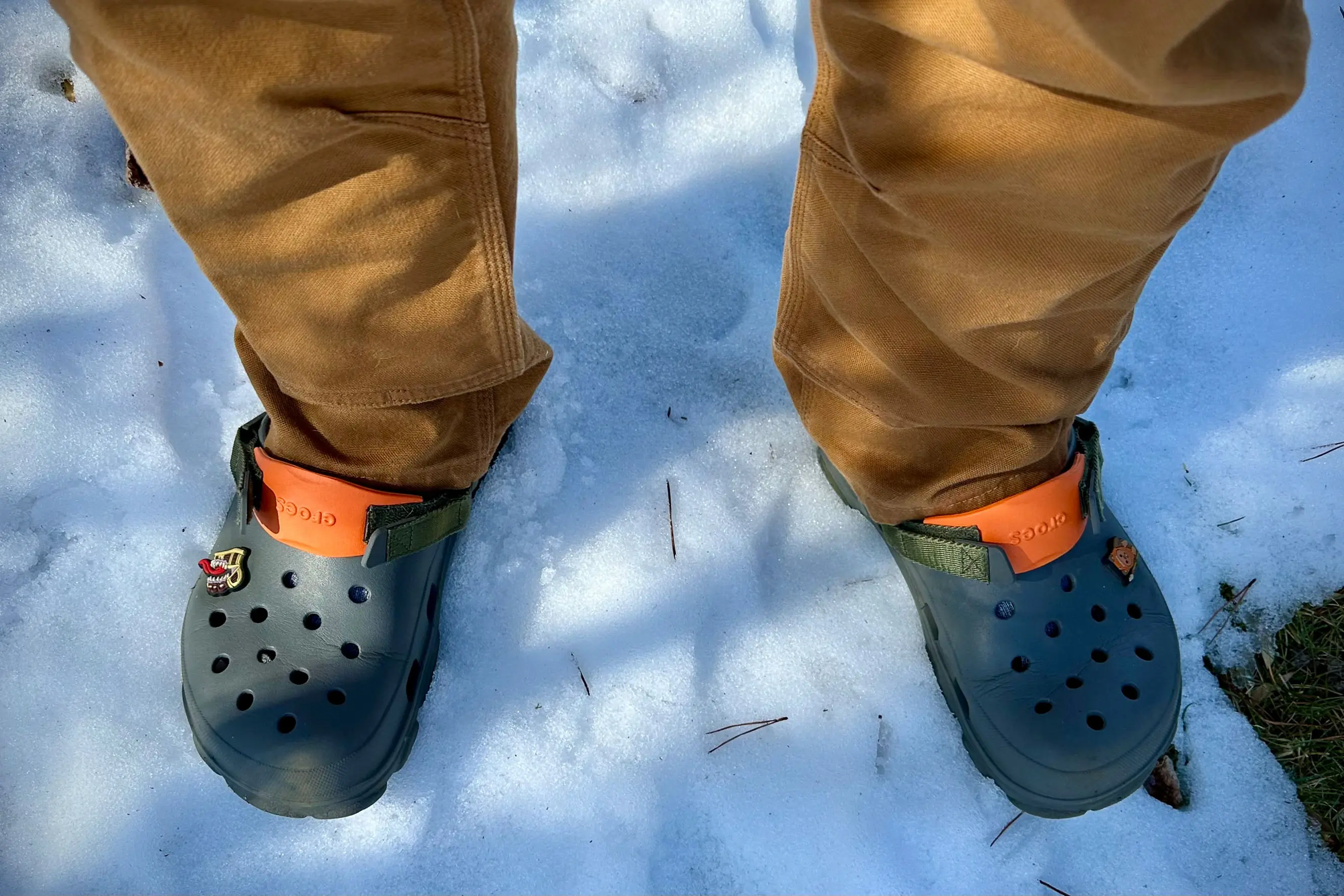 Carhart rugged flex utility double front pants and crocs on feet