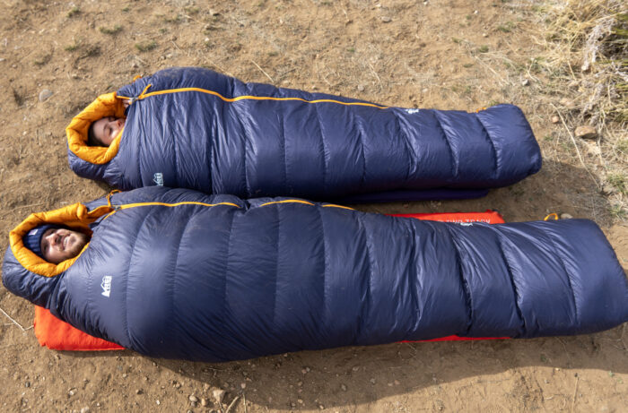 Two writers, Mary and Nate, testing the Magma unisex sleeping bag side by side.
