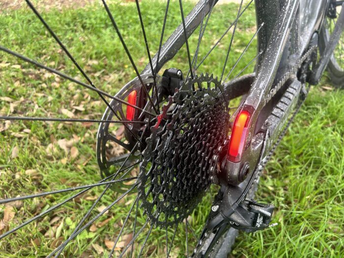 Integrated rear lights on an Aventon Ramblas e-MTB.