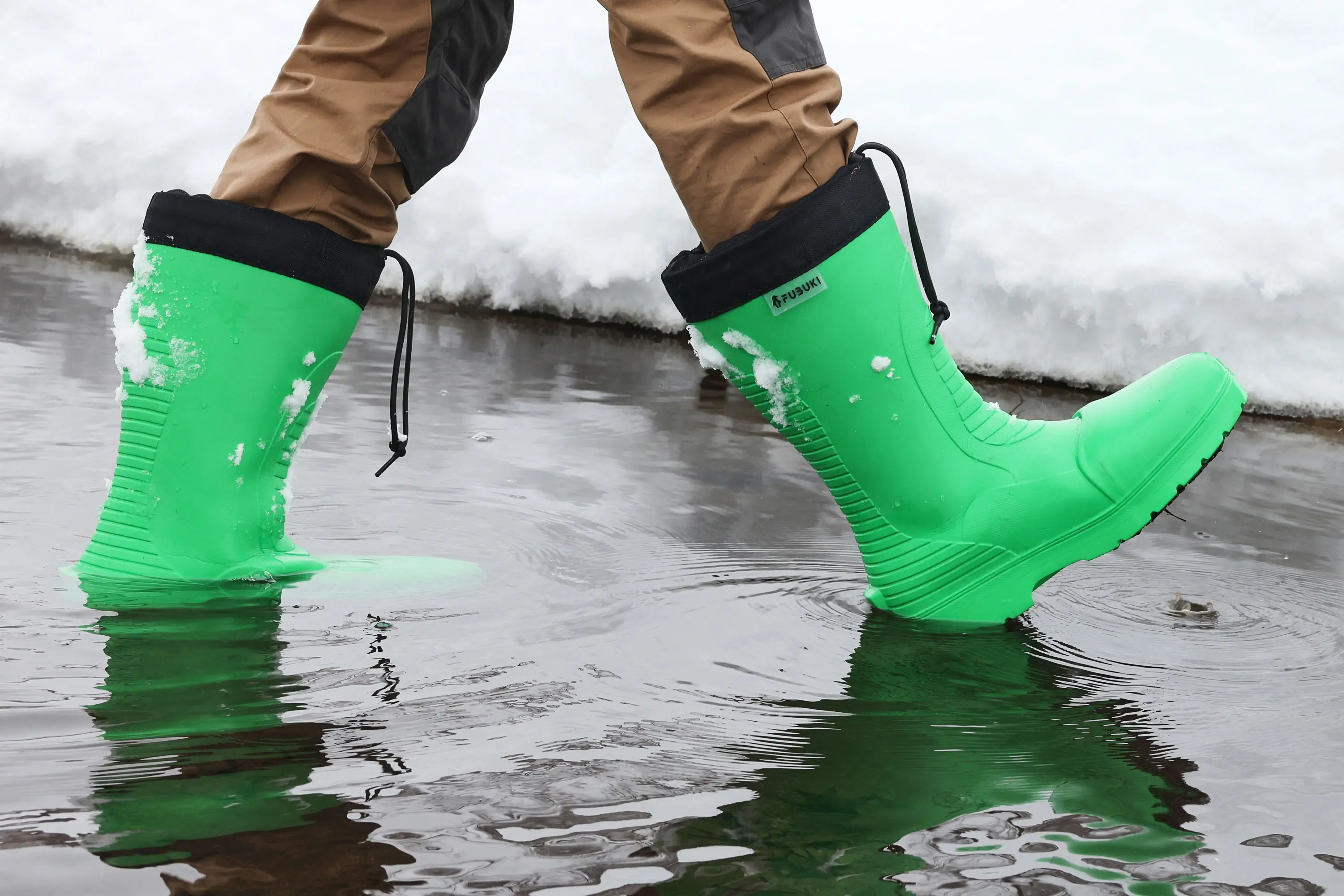 fubuki boots crossing water in winter