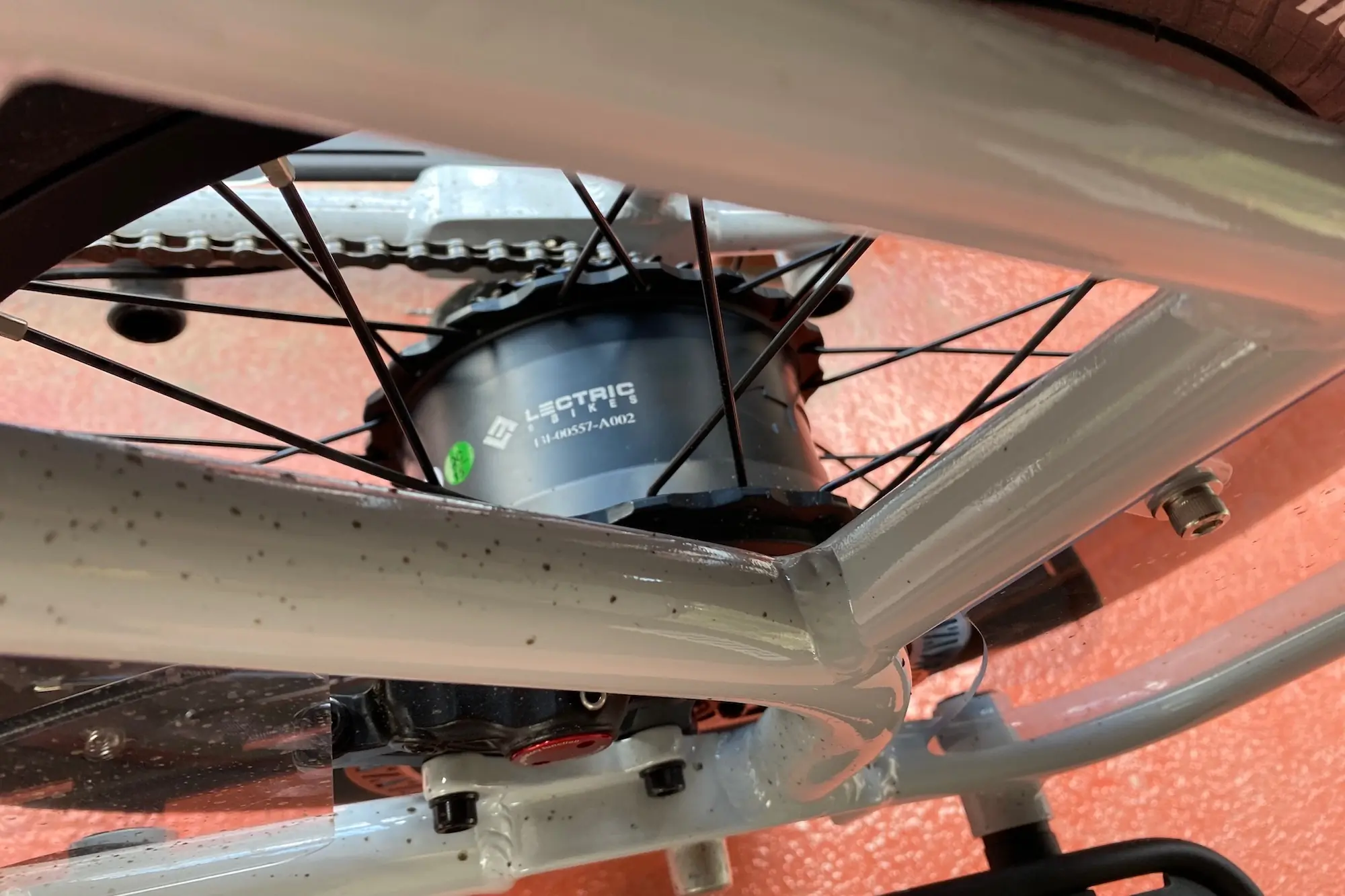 The rear hub motor on the Lectric Xpedition electric cargo bike