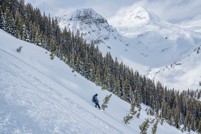 splitboarder descending on steep slope 