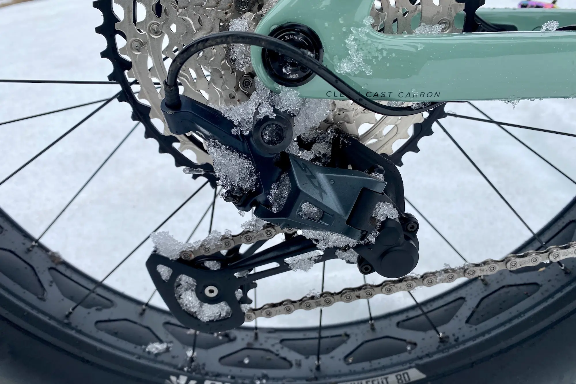 A rear derailleur on a fat bike