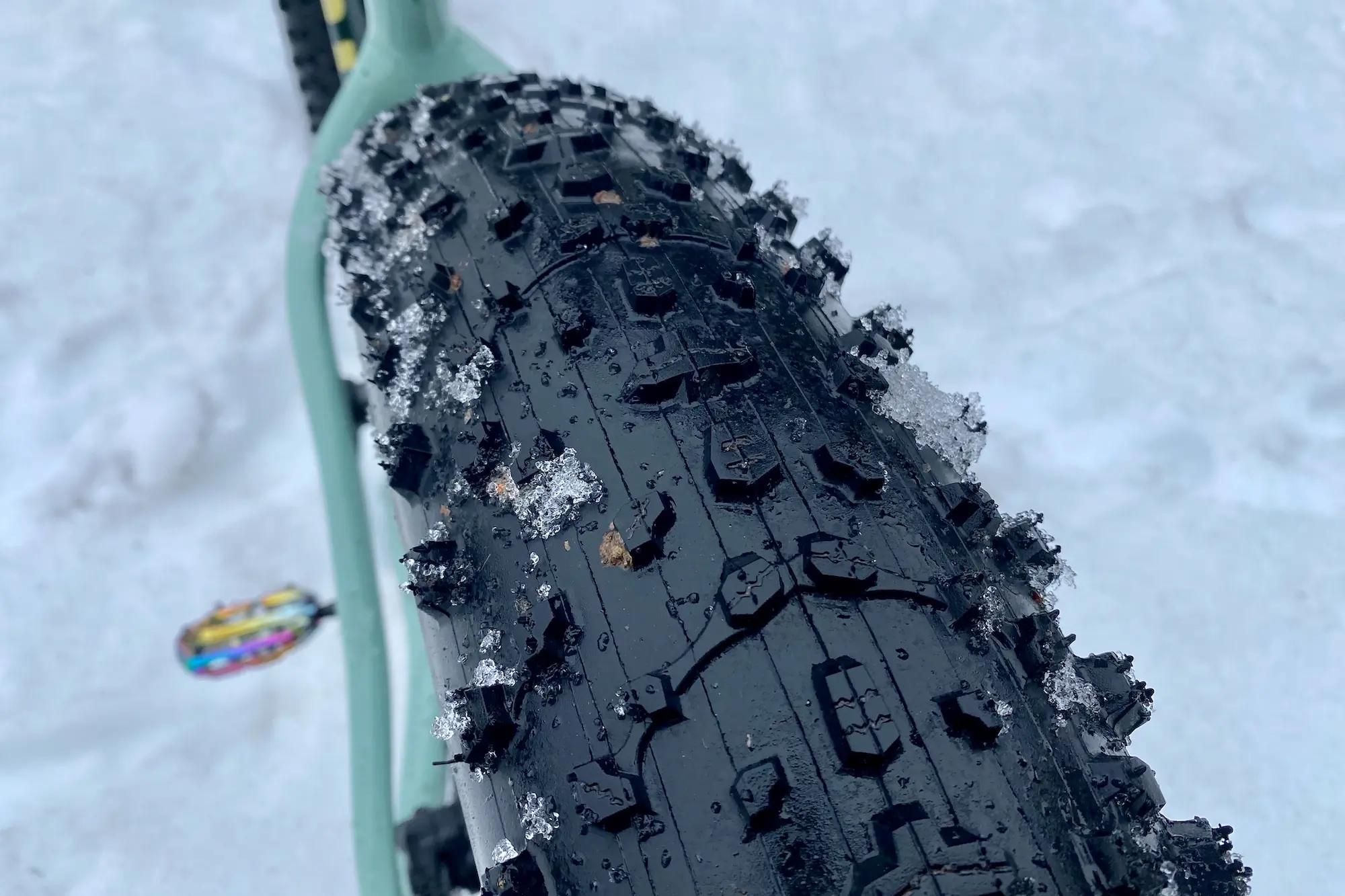 A close up look at the fat tires on the Ari Kings Peak