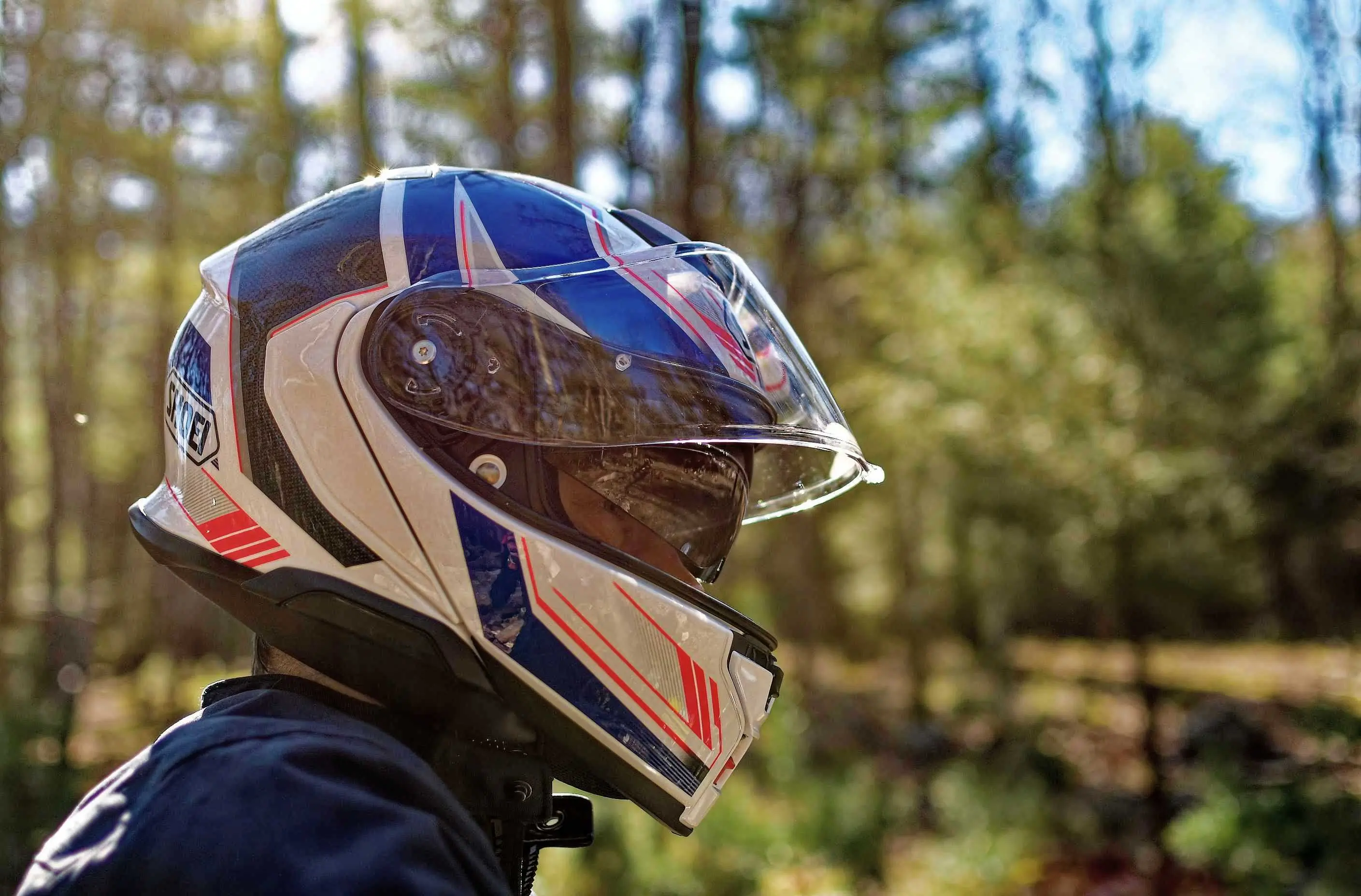 motorcyclist wearing a helmet and sitting in forested area