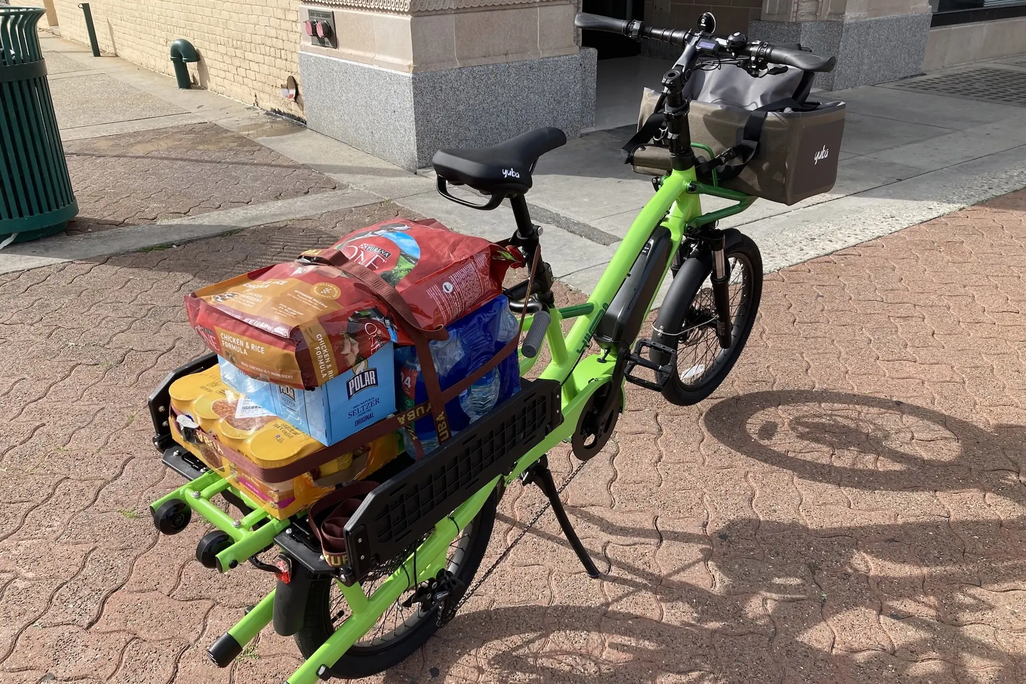 The Yuba FastRack electric cargo bike loaded up with lots of cargo