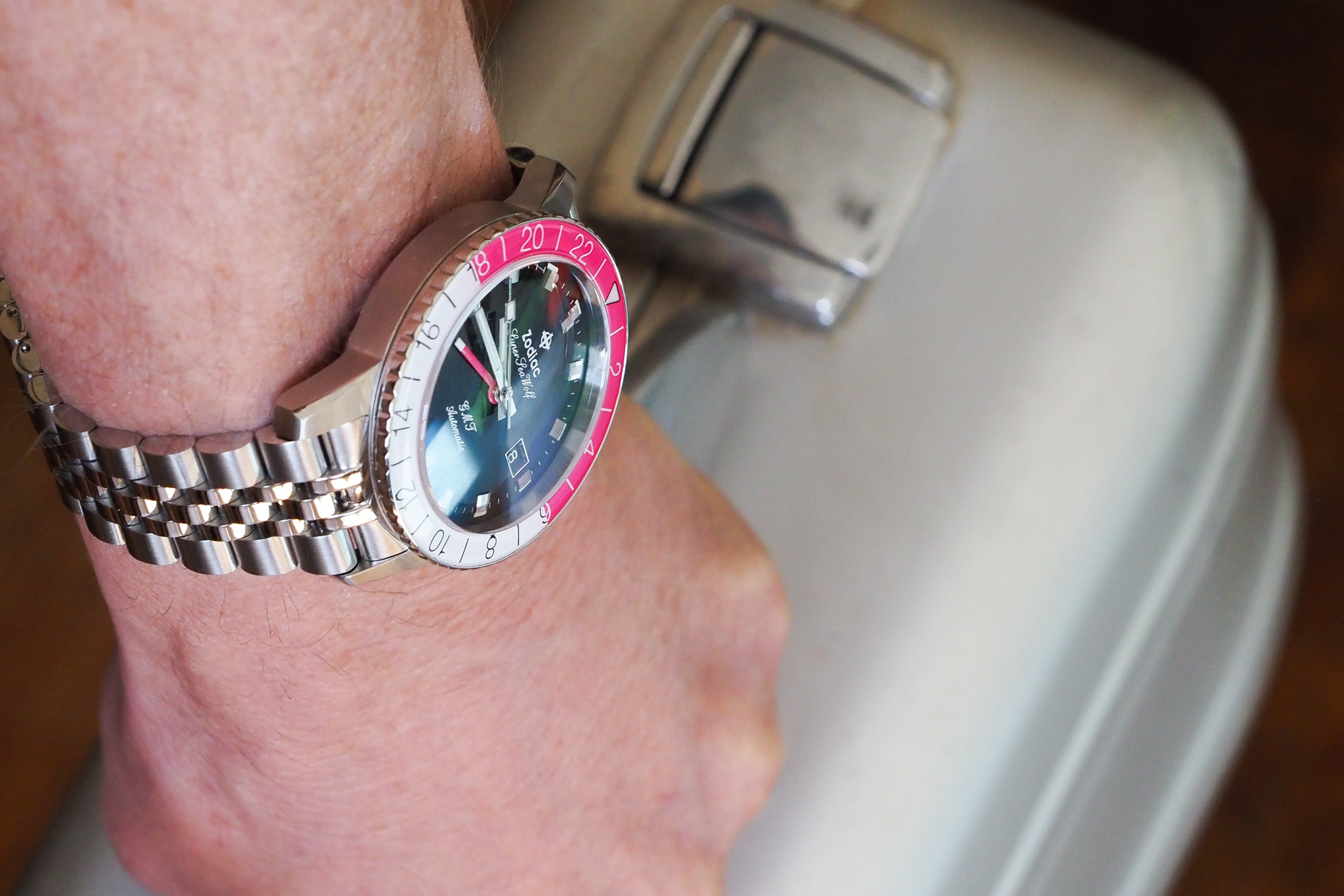 Zodiac Super Sea Wolf GMT and suitcase