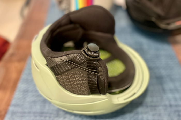 close up view of the ear pads on an anon merak wavecel helmet