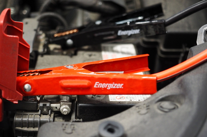 Profile of Energizer jumper cable set on engine