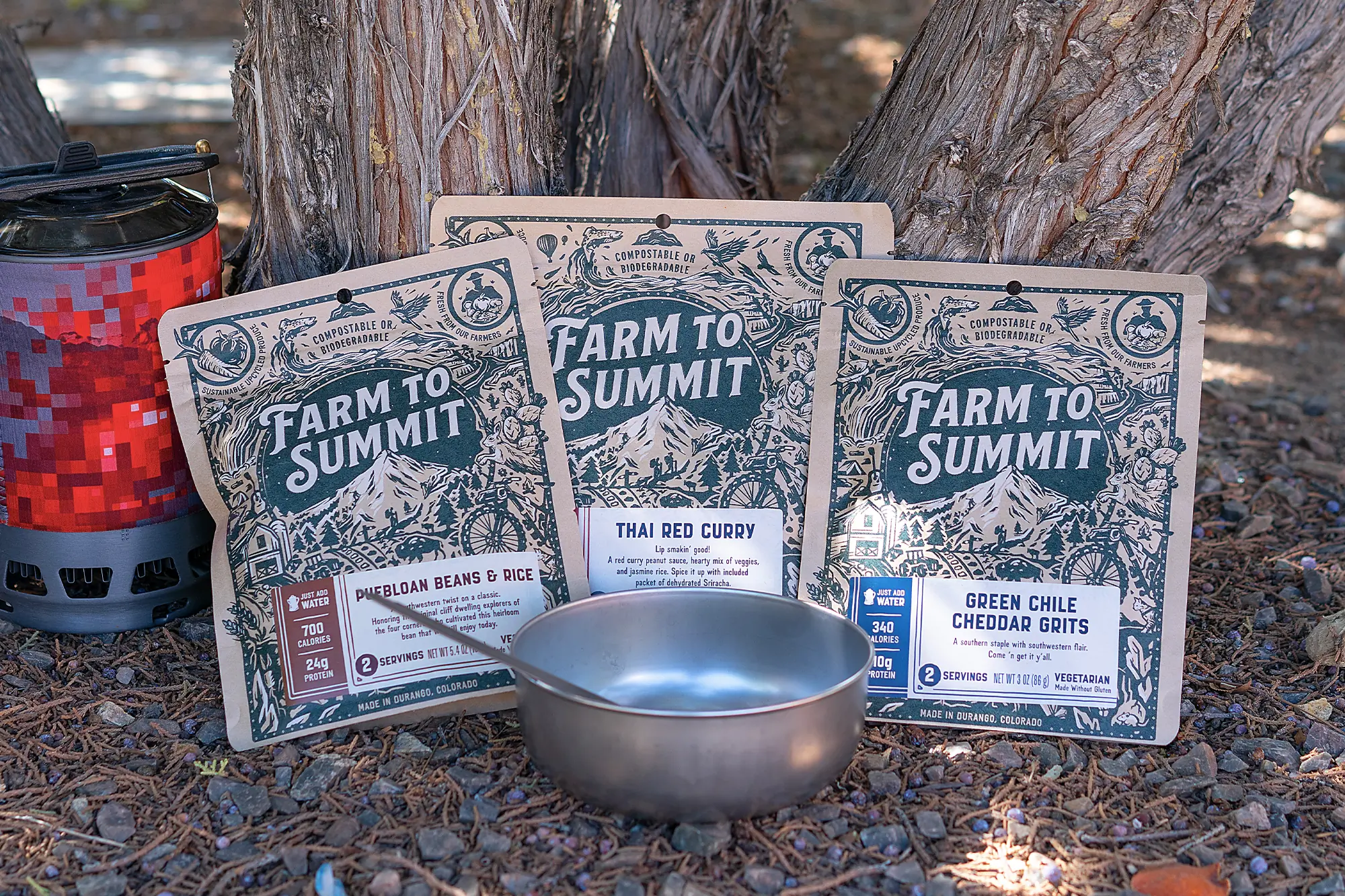 farm to summit larese gluten free camping meals next to the bowl
