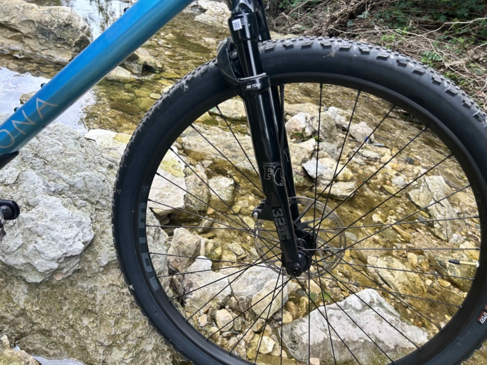 Kona Ouroboros suspension fork detail photo.