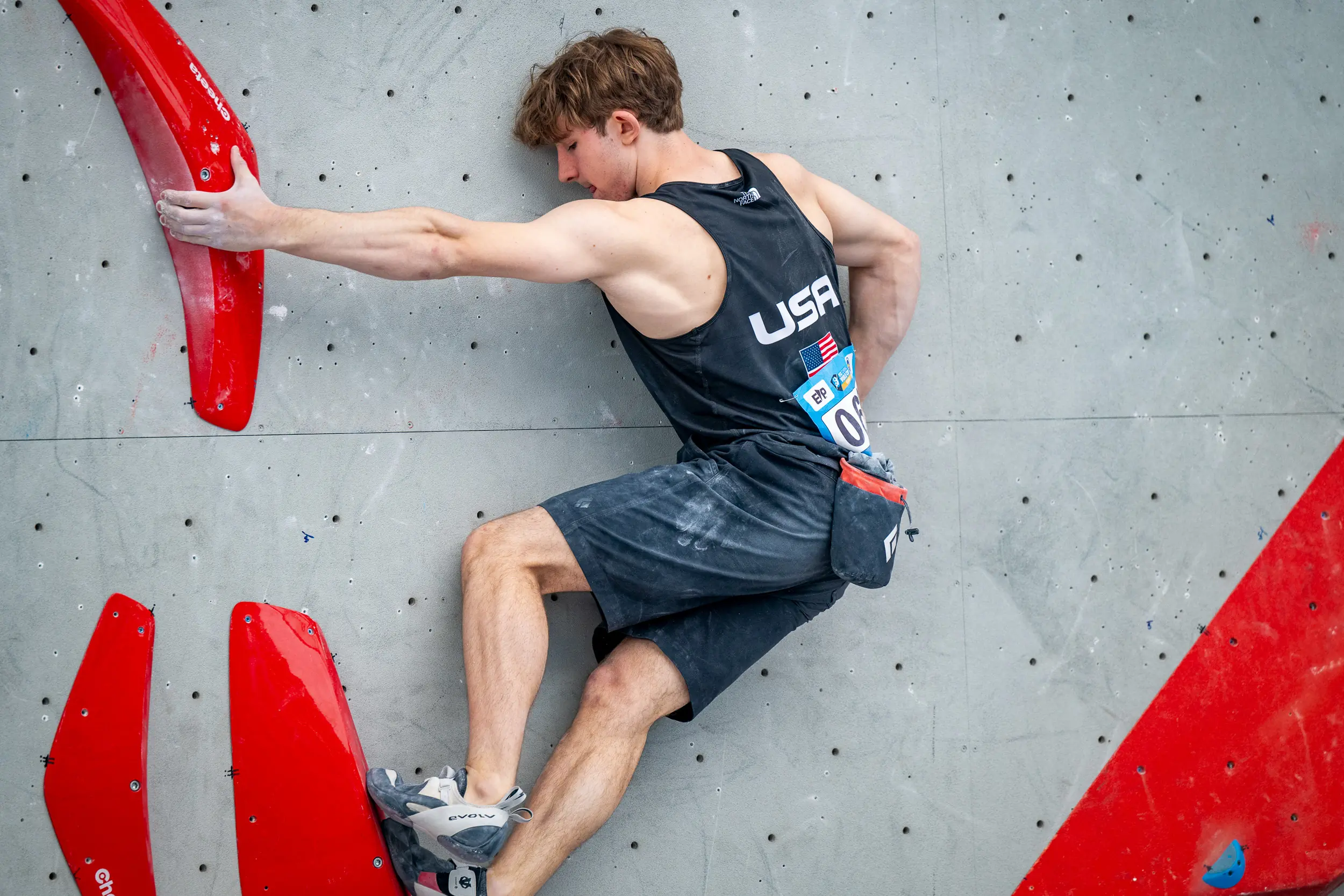 Colin Duffy of the USA competing in a 2024 sport climbing IFSC World Cup