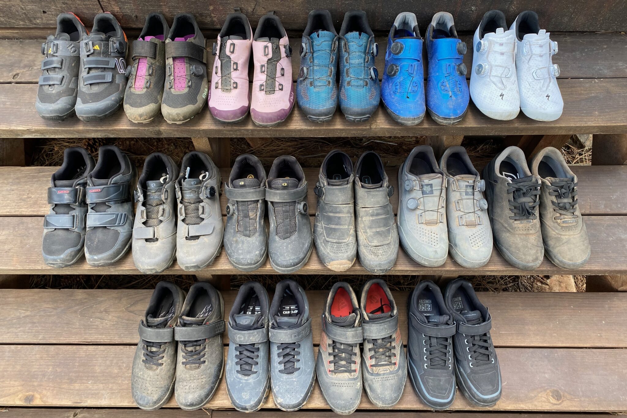 a lineup of several pairs of the best mountain bike shoes