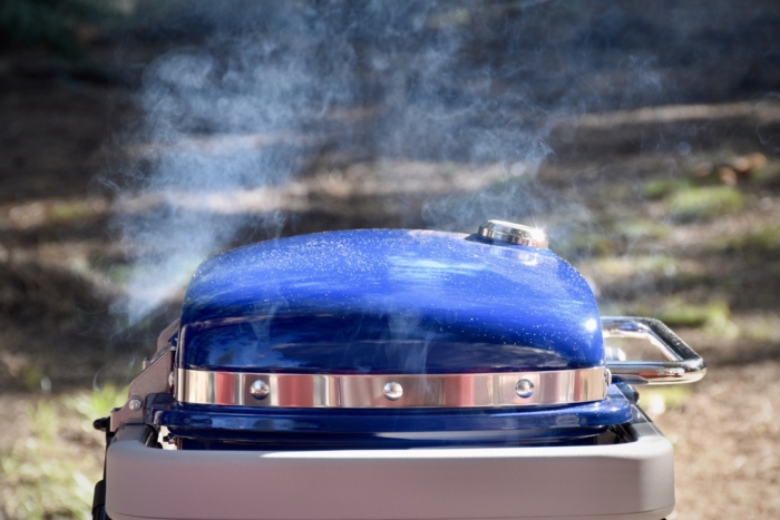 an artistic shot of bbq smoke rising out of the Weber Traveler Gas Grill