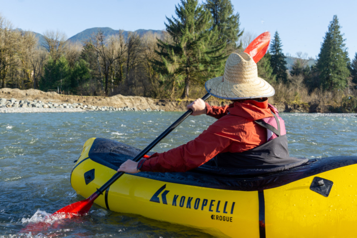 A packrafter paddles a Werner Shuna paddle in the Nooksack River in Washington State