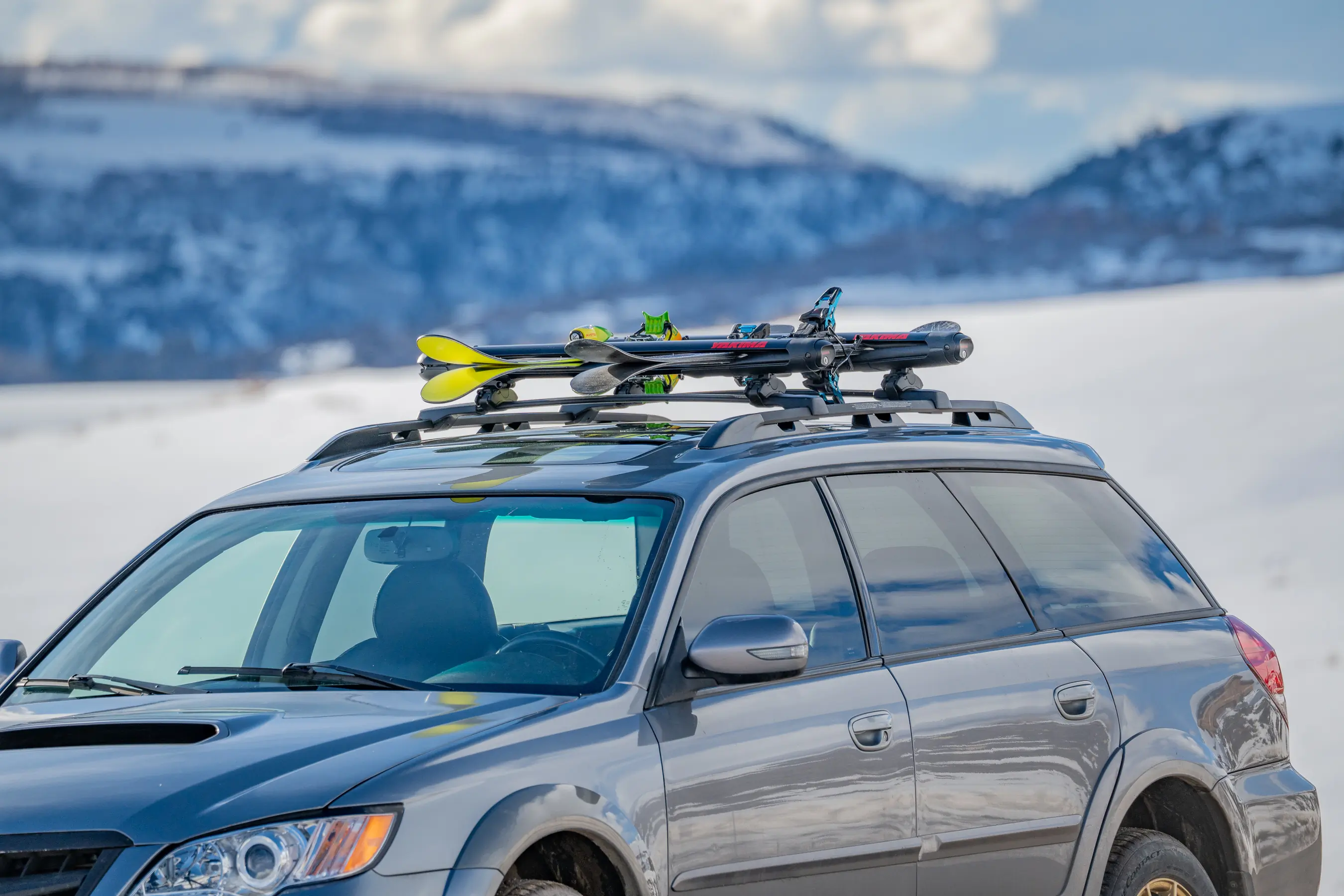 loaded ski roof rack on Subaru Outback 