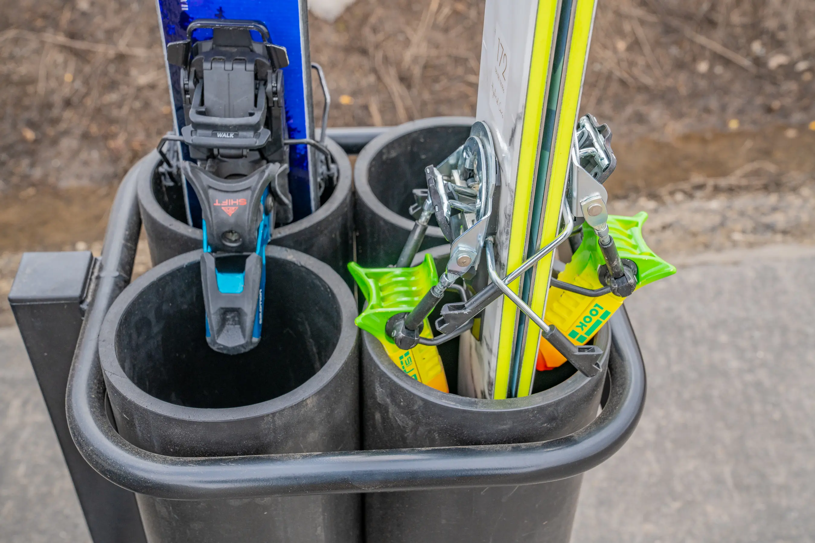 tubes of the Gravirax GR-4 Hitch Mounted Ski Rack with skis inside