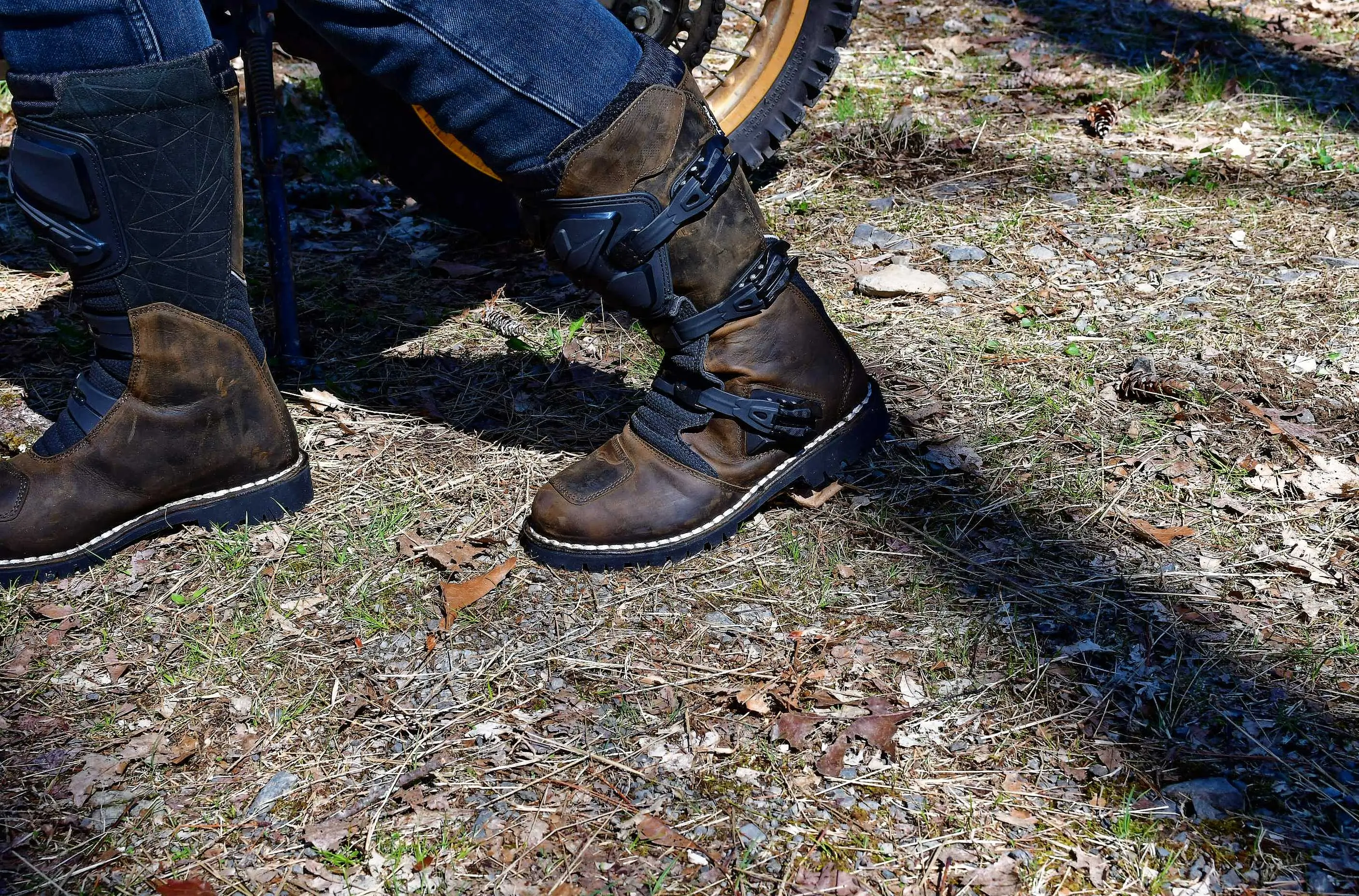 person walking in moto gear