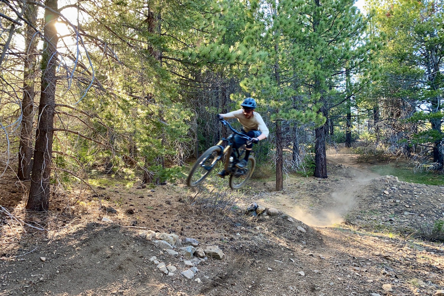 Riding in the Fox Defend mountain bike shorts
