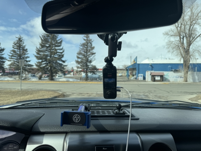 looking out windshield with recorder