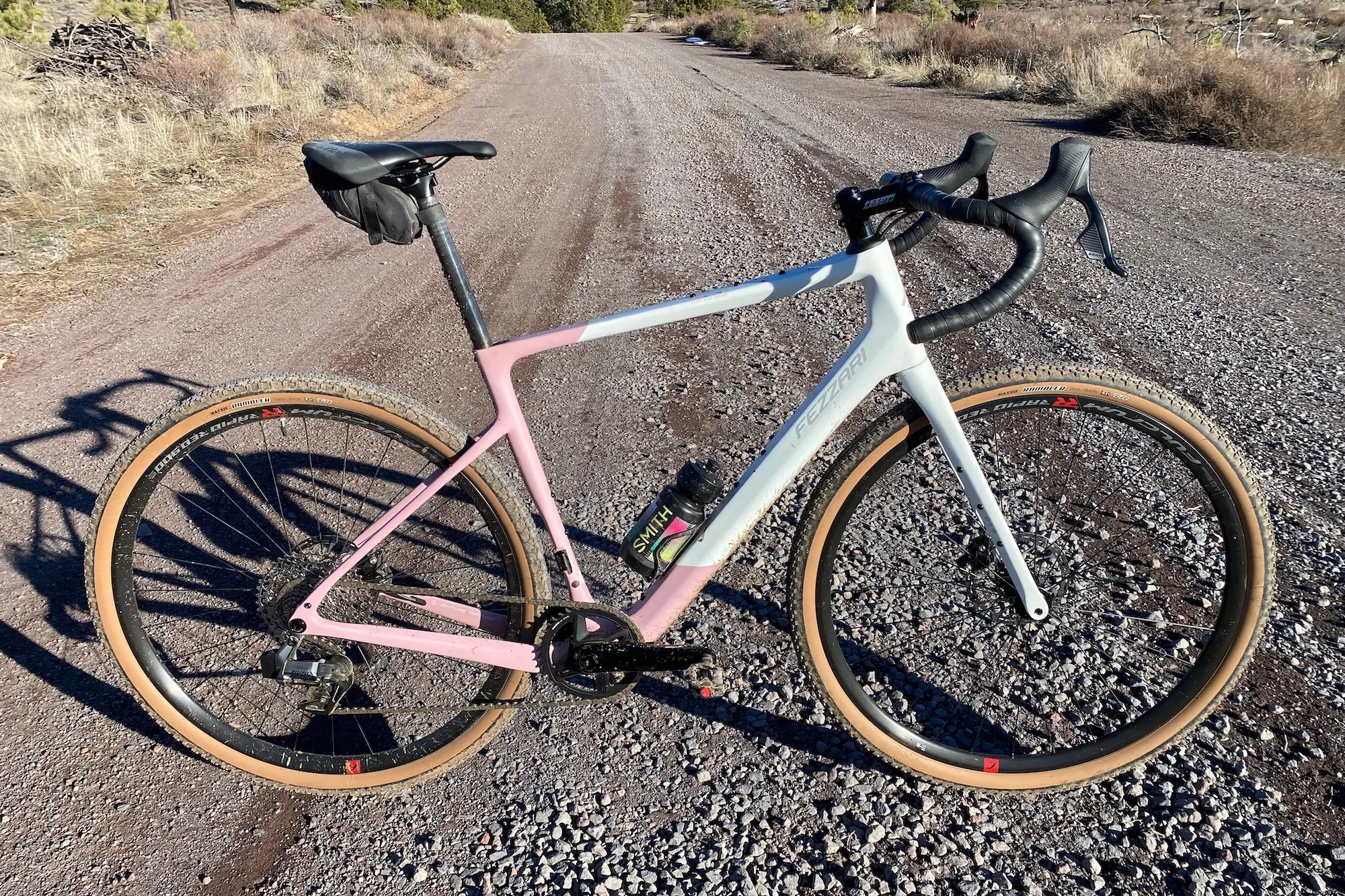 The Aris Shafer carbon gravel bike posing for a photo on a gravel road.