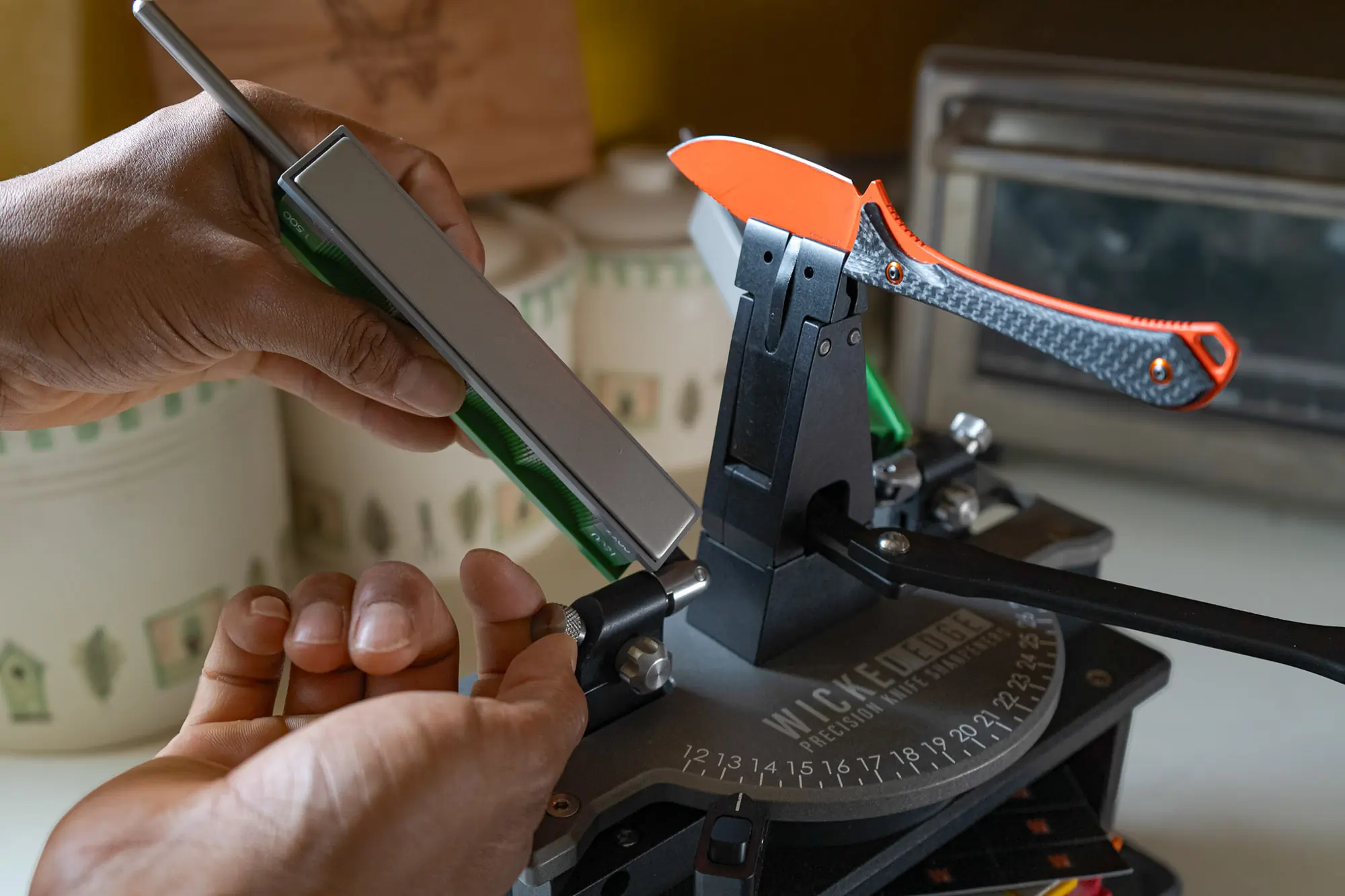Setting up the whetstone on the Wicked Edge Gen 4