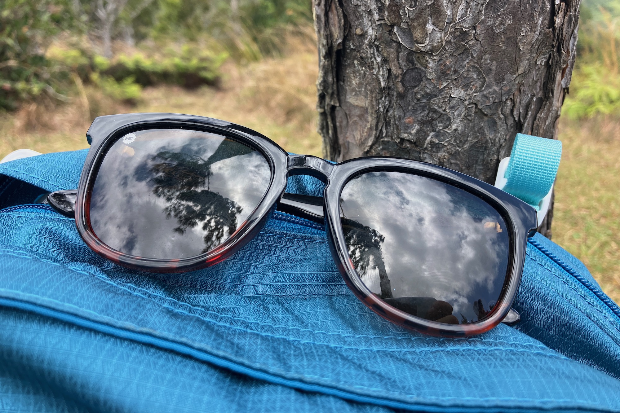 The Knockaround Premium Polarized sunglasses sitting on top of the backpack while out on a hike.