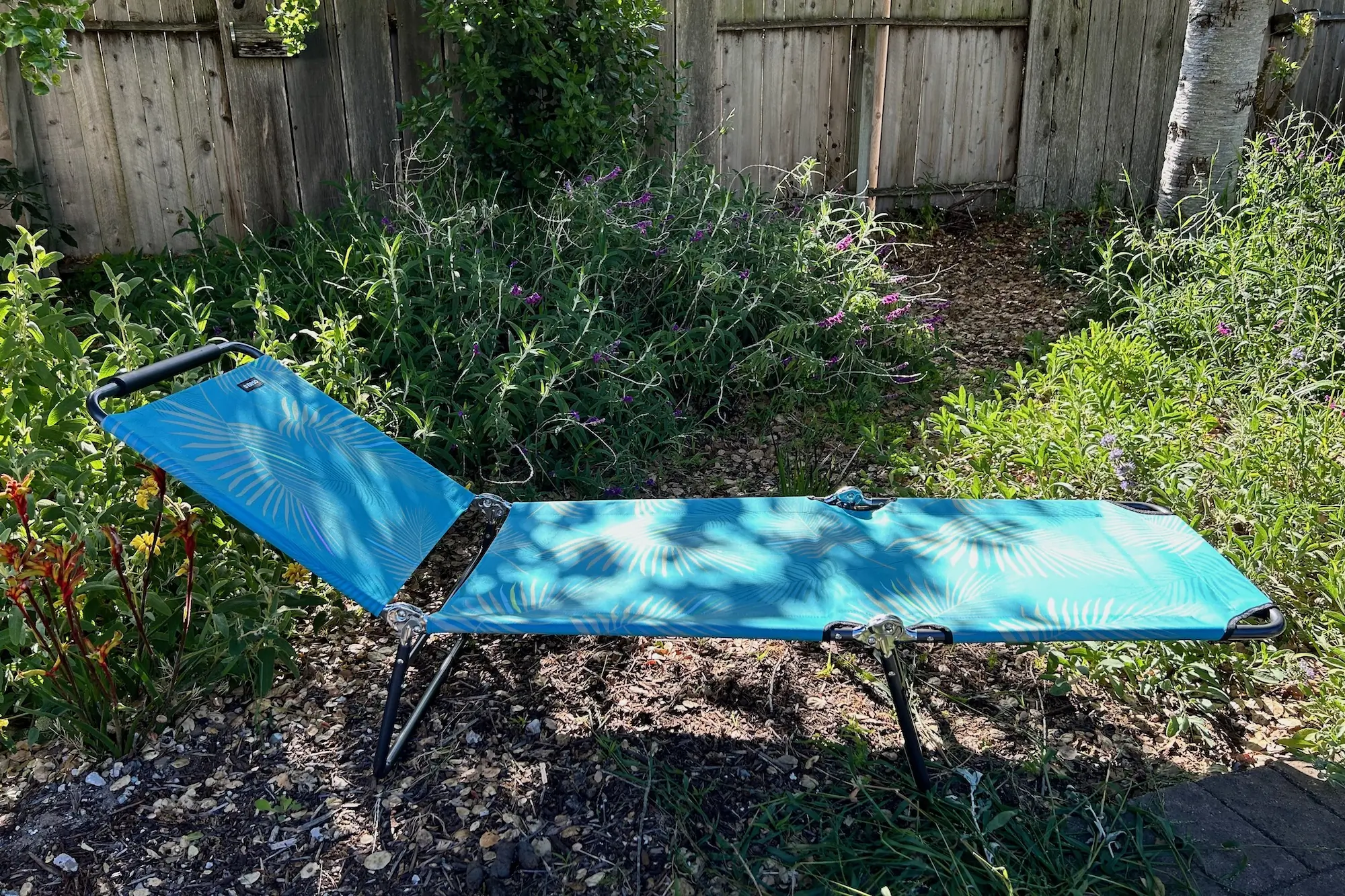 The Neso Lounger beach chair set up for some lounging in the back yard