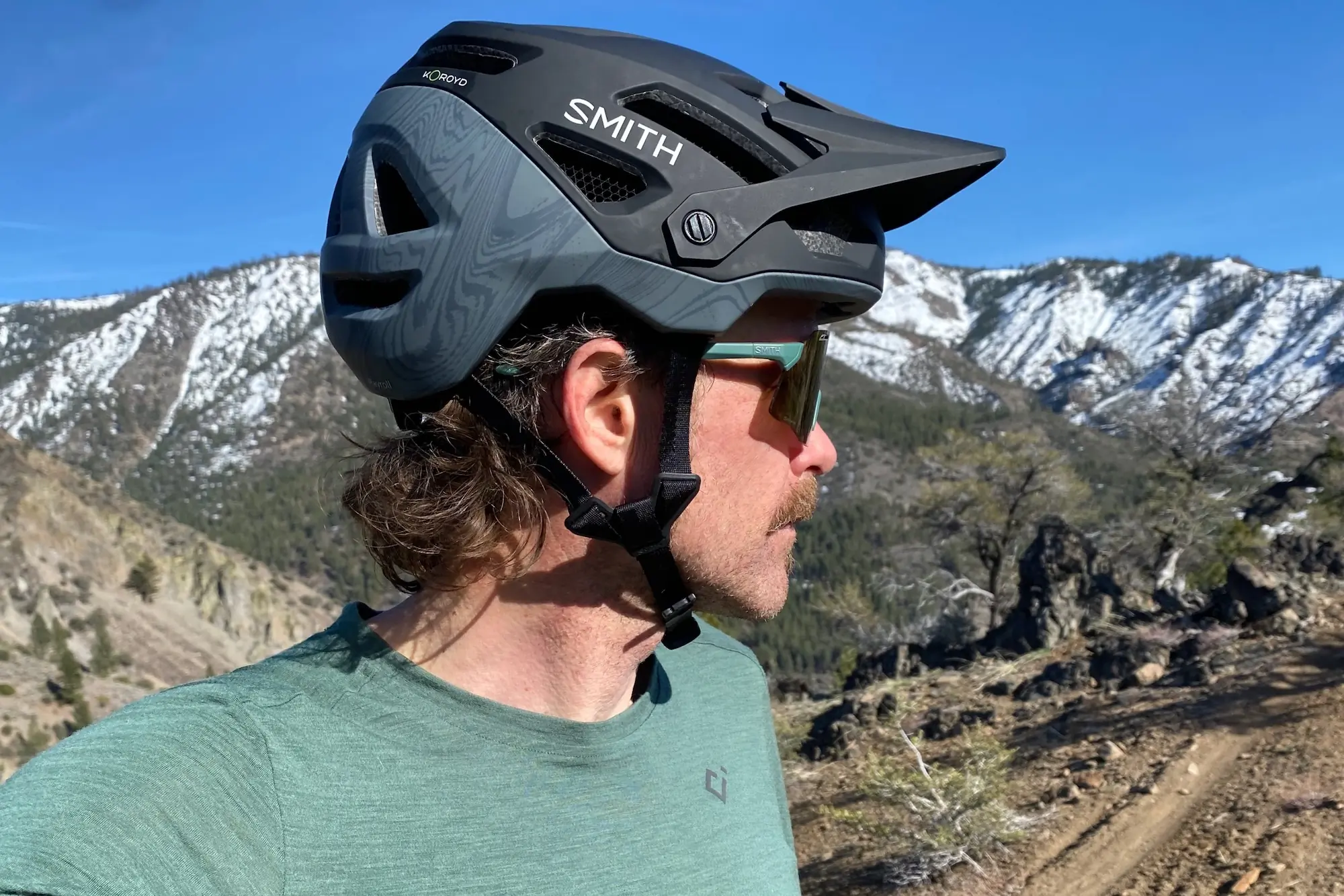 Wearing the Smith Payroll MIPS mountain bike helmet