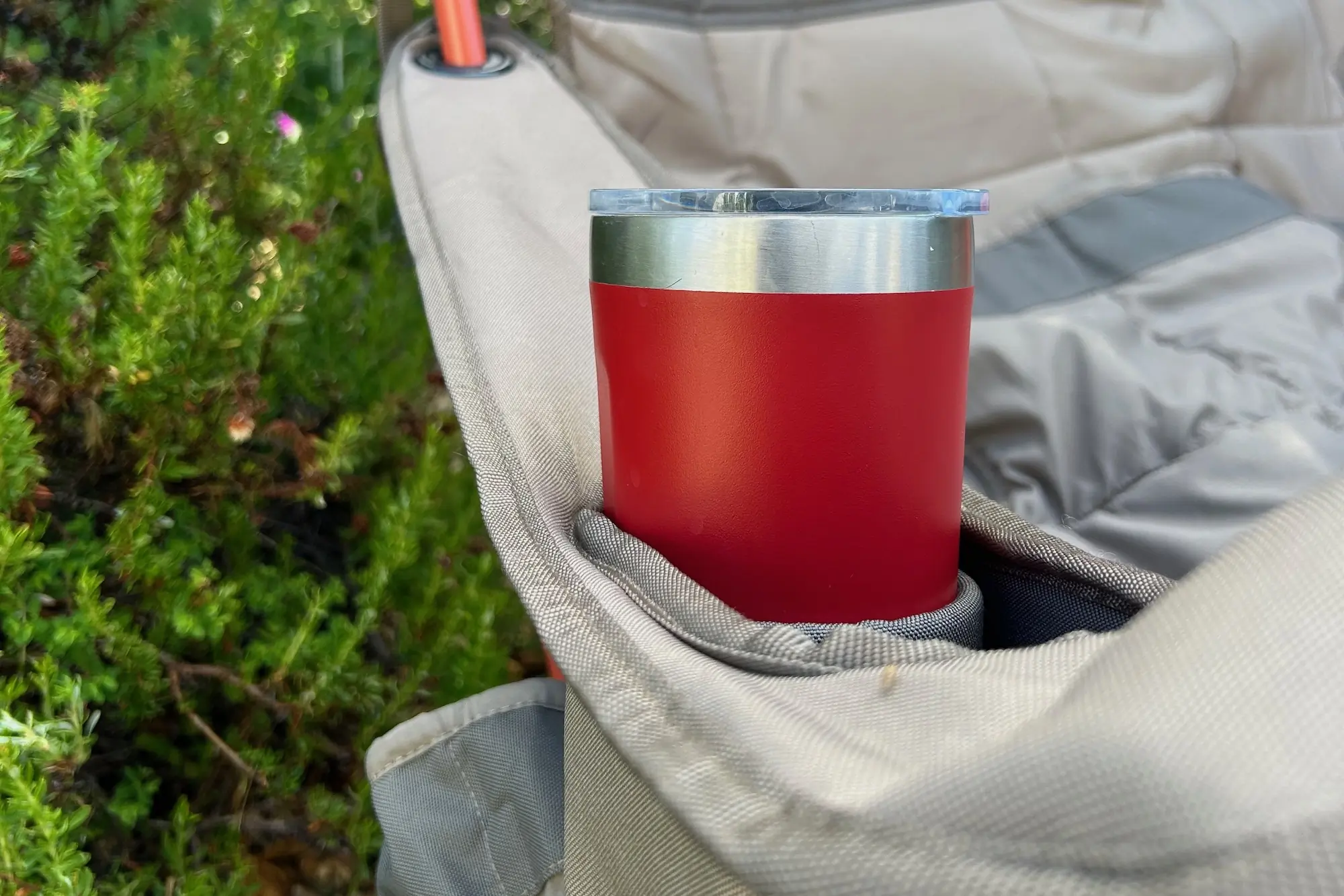 Detail shot of the cupholder feature on the Kelty Low Loveseat beach chair
