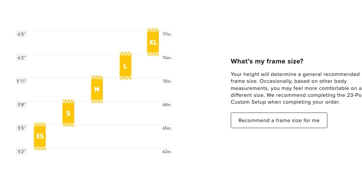 The size chart for the Ari Shafer gravel bike