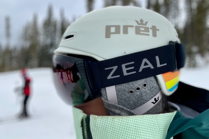 woman wearing pret lyric x2 helmet and zeal goggles