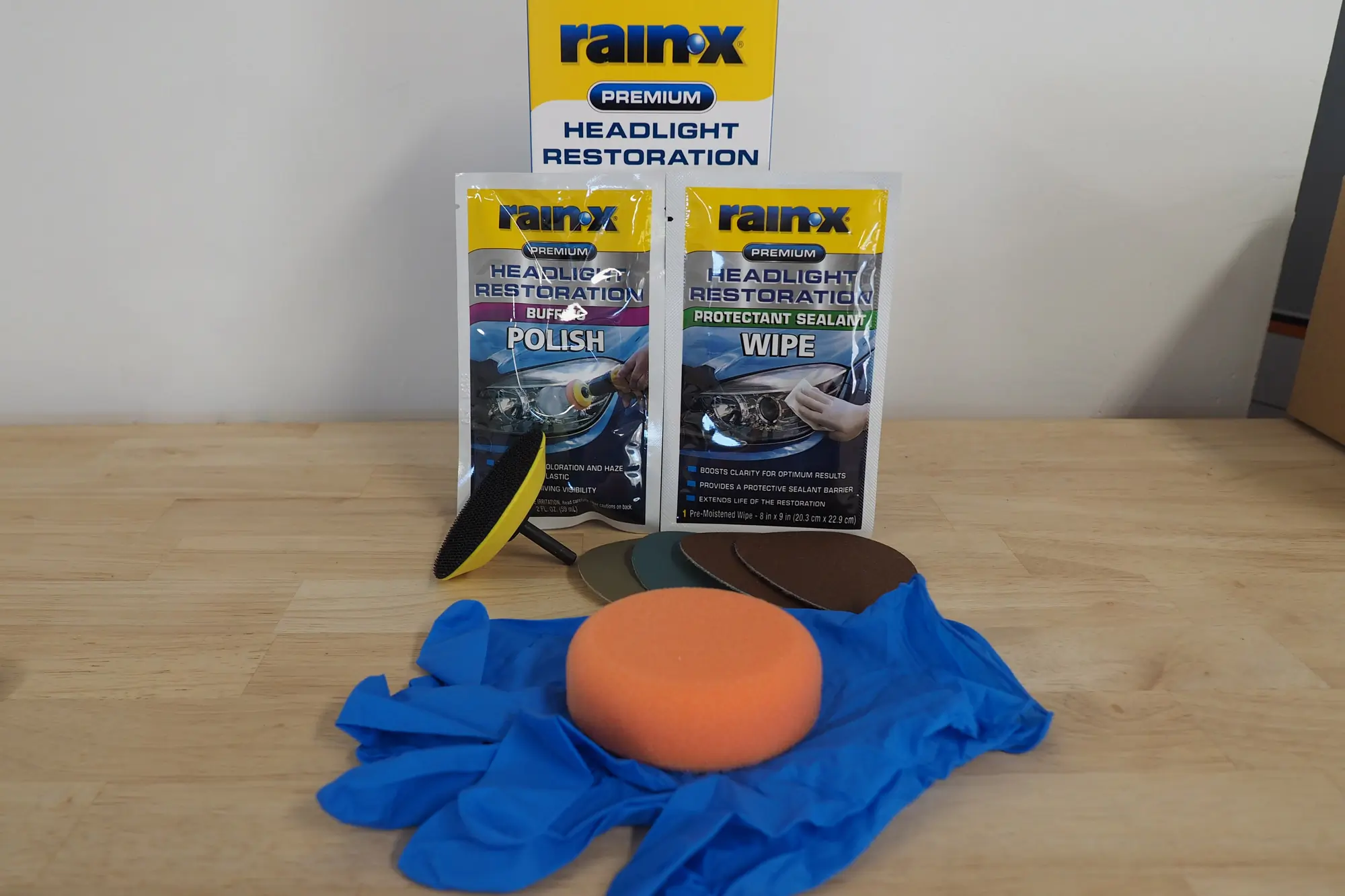 included supplies in a Rain-X Headlight Restoration Kit