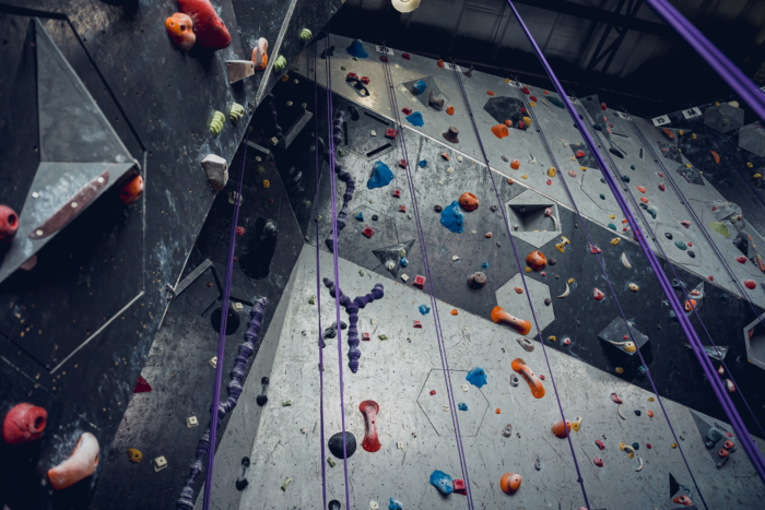 ground up view or a lead wall from a climbing gym
