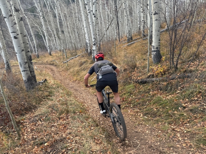 man riding bike in the forest while wearing hip pack