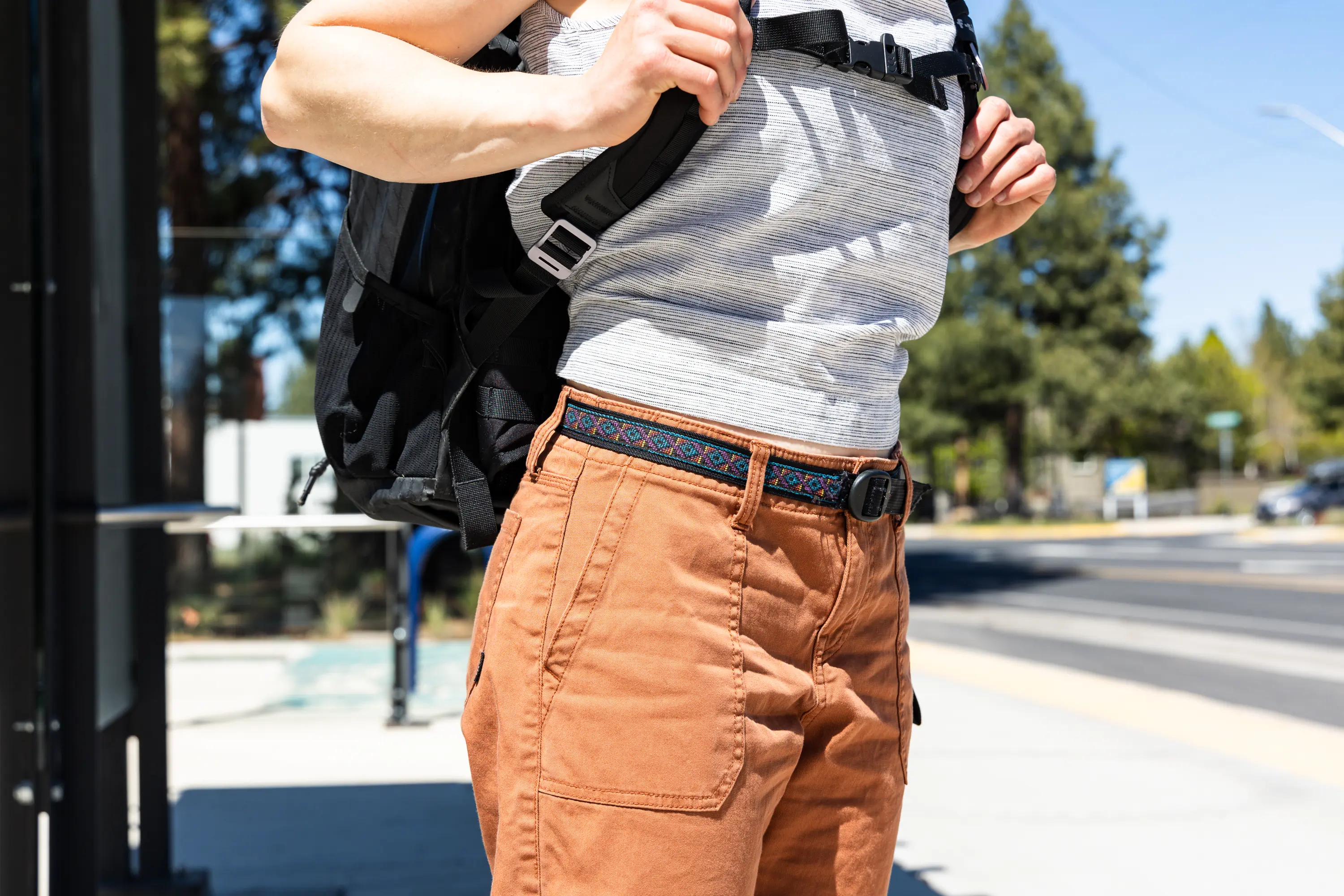 The author wearing the prAna Sancho Boyfriend Pants and a belt