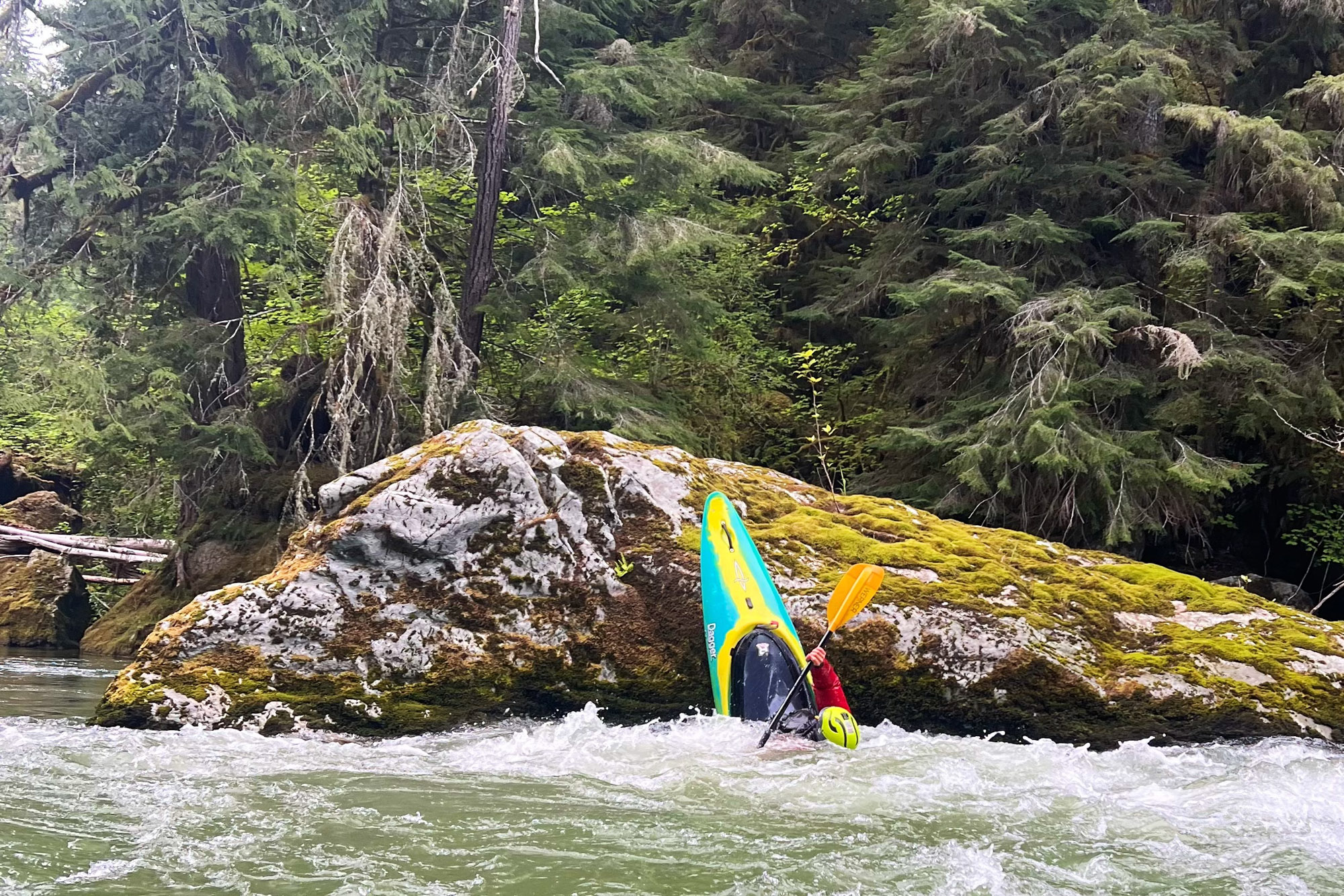 The author executes a stall against a boulder in his kayak, while paddling with the Werner Sherpa