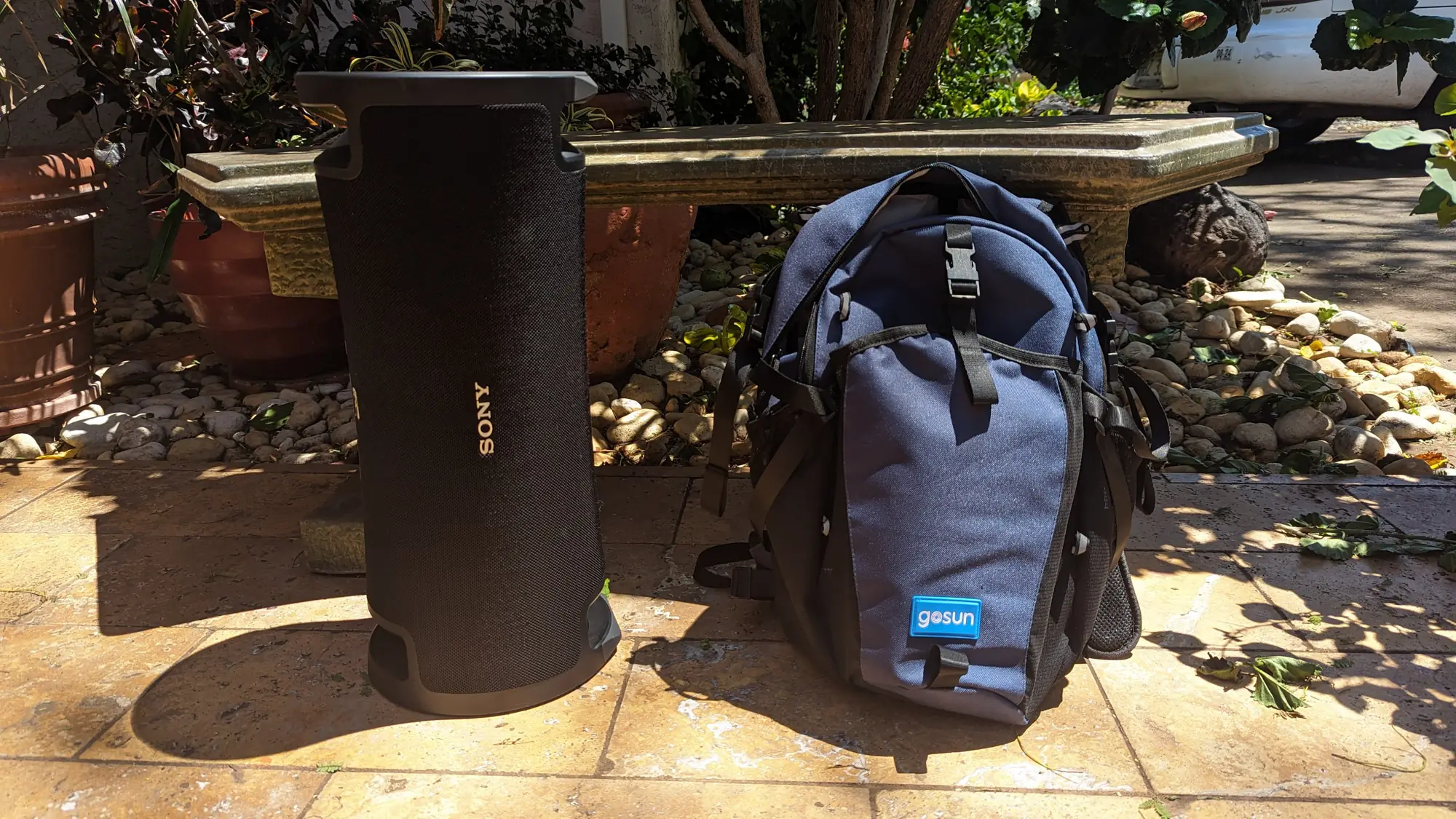 Gear Junkie - Best Portable Bluetooth Speaker - Sony Ult 7 shown with backpack for scale