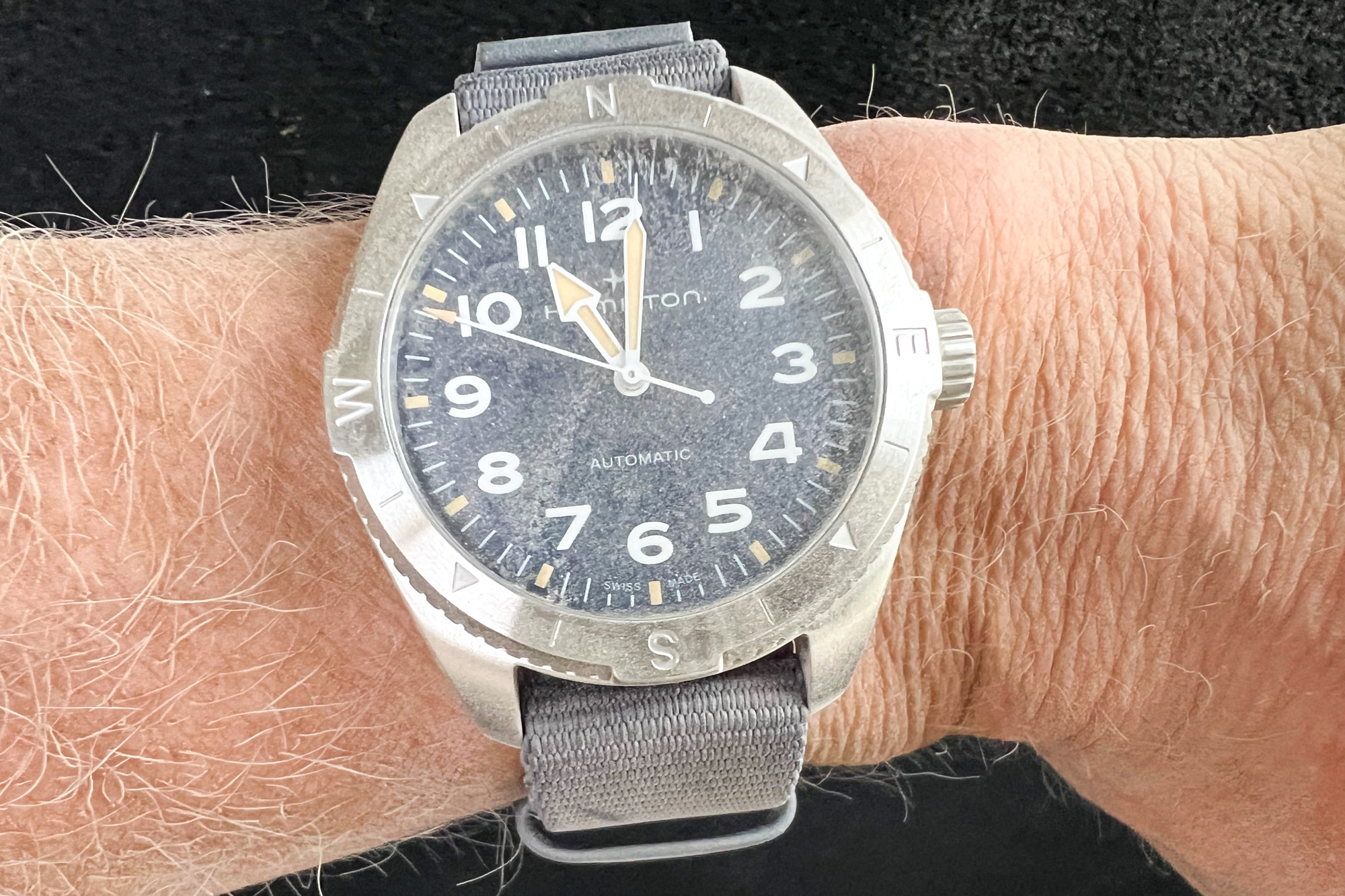 Dusty Hamilton Field Khaki Expedition watch in testing