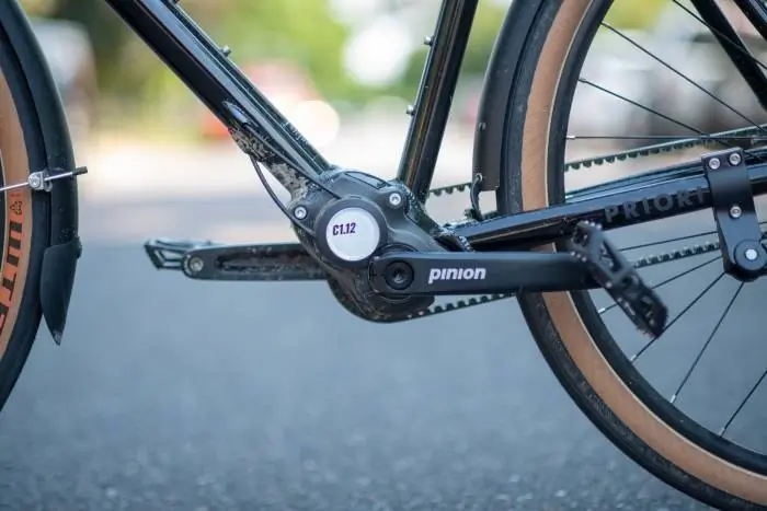 A close look at the Pinion gearbox and Gates belt on the Priority 600 commuter bike