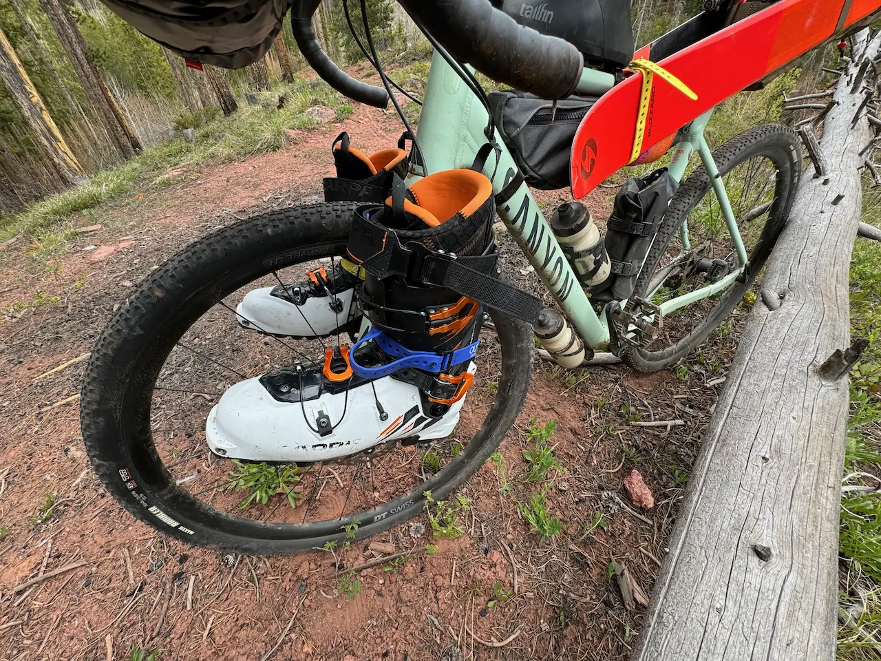 Ski boots mounted on the bike