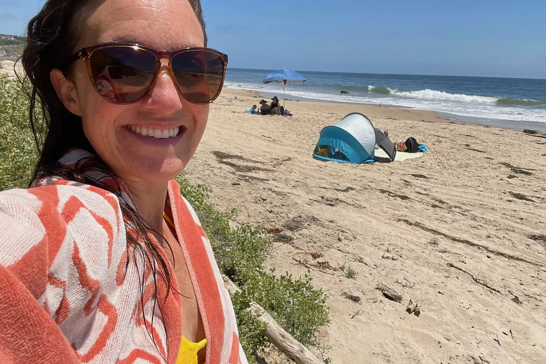Jackie Connor testing the Patagonia Organic Cotton Towel at her local beach