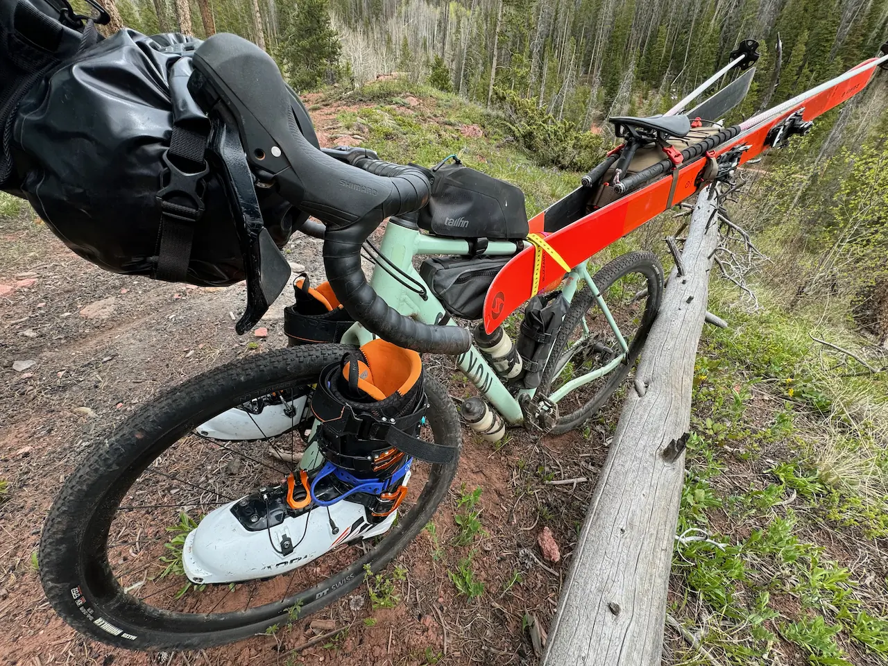 close up of bike equipped for bike to ski adventure