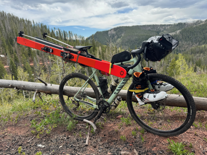 fully loaded bike with all necessary ski equipment