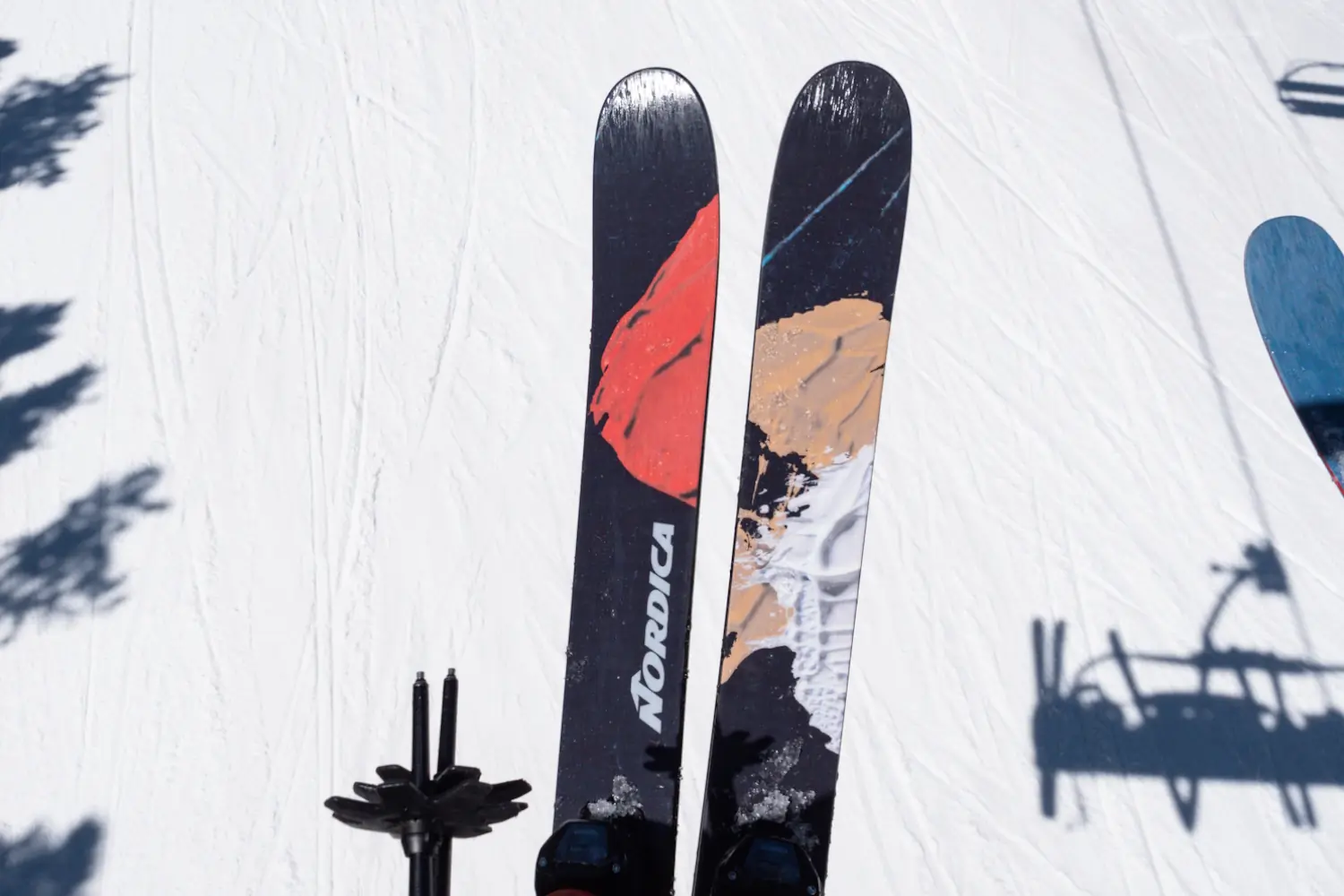 Close-up of Nordica Unleashed skis on a snowy slope