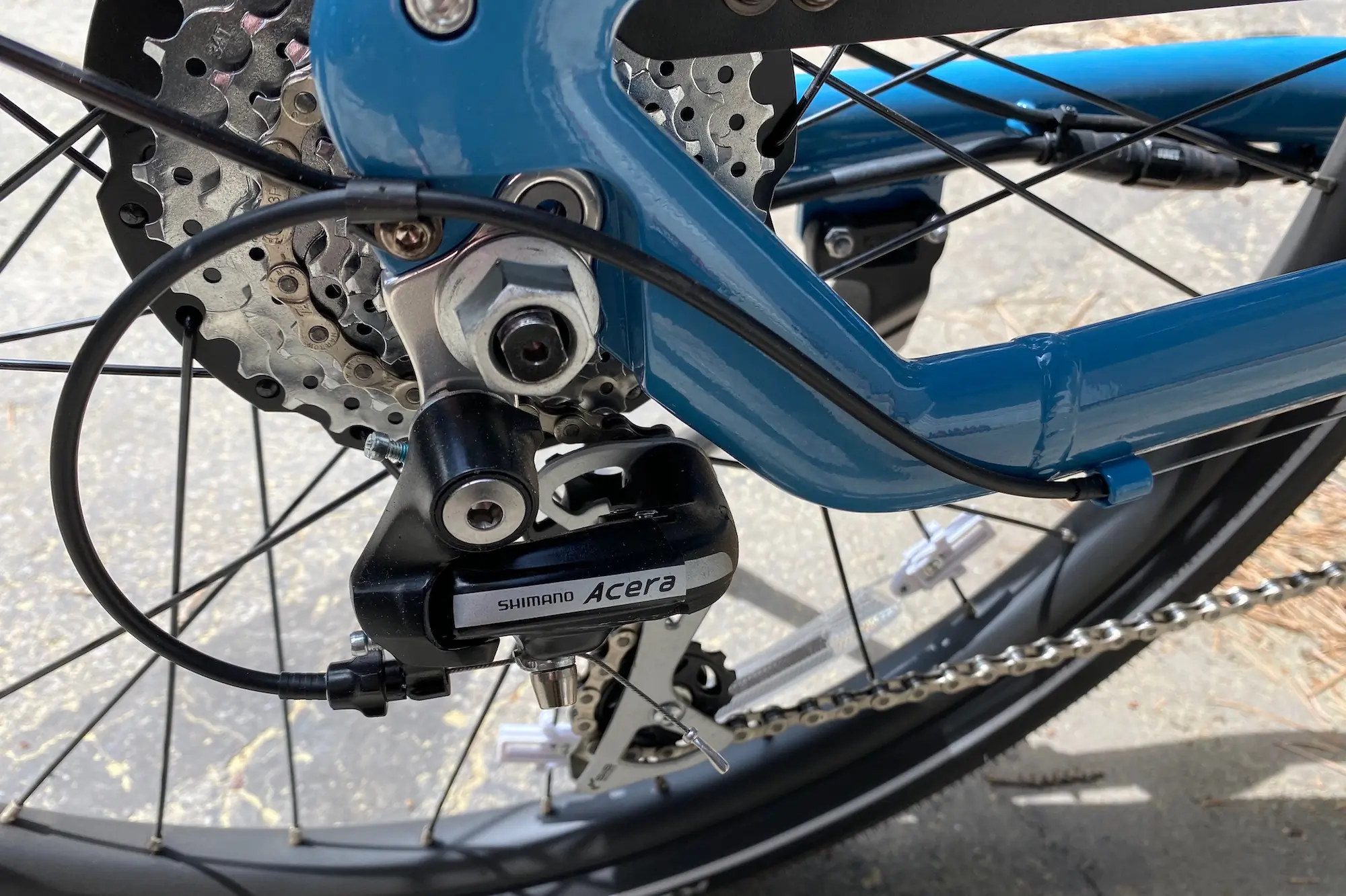 A look at the Shimano Acera derailleur on the Rad Power Radster Road electric commuter bike