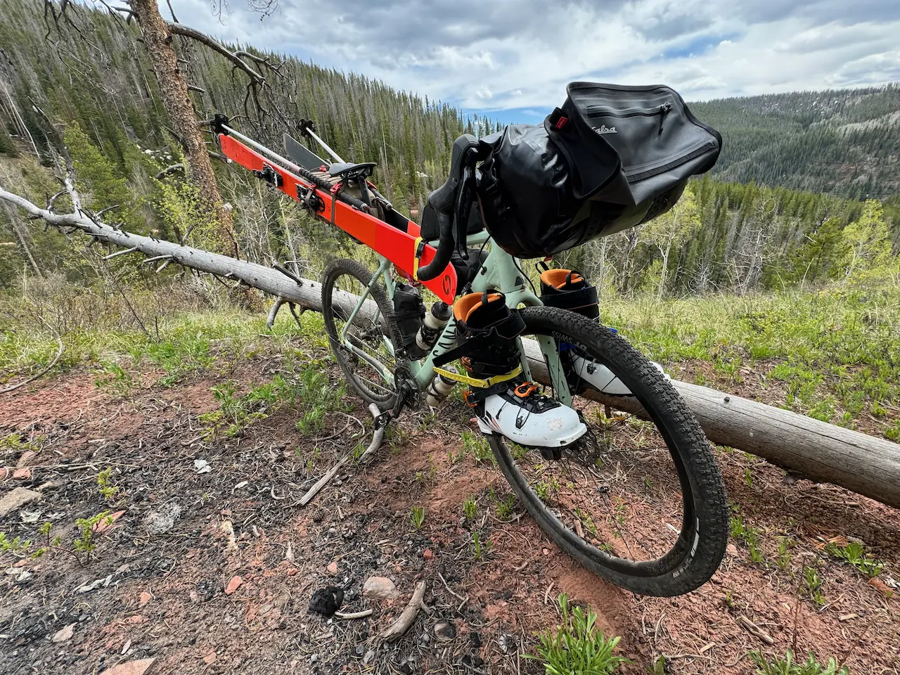 loaded bike with equipment for bike to ski adventure